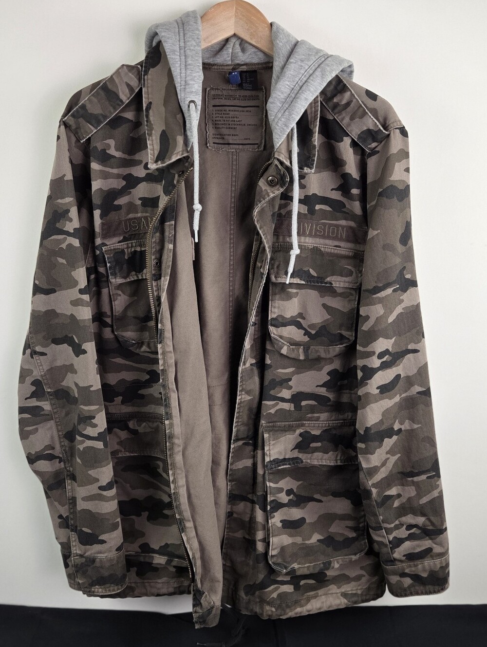 Divided By H&M Military Jacket Mens XL Camo Full Zip Hooded Multi Pocket USA NYC
